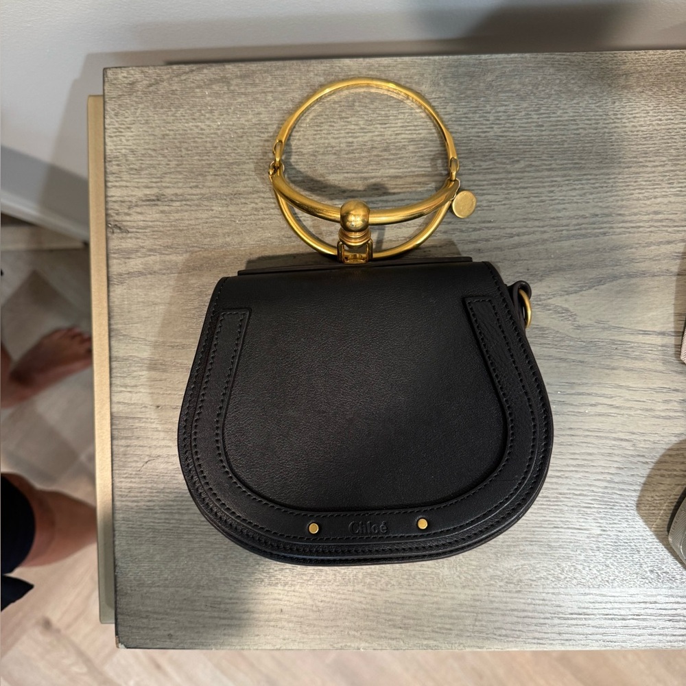 Chloe Nile Hand Bag Leather Suede 2way Black Gold Auth 01-18-63-68